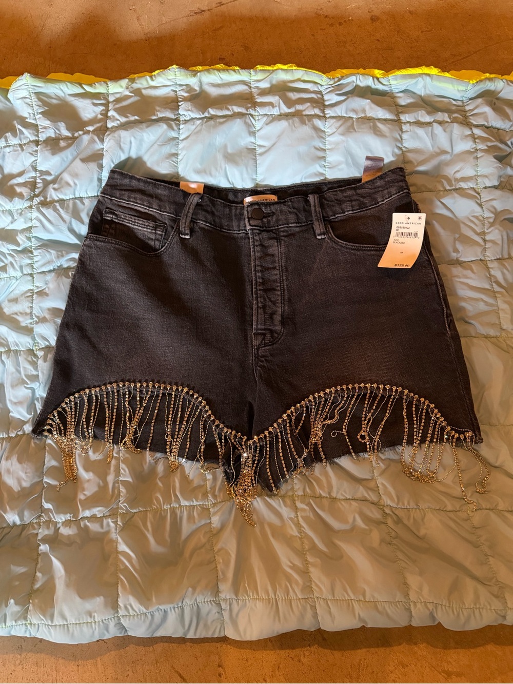 NWT Good American Black Denim rhinestone Shorts size 10/30